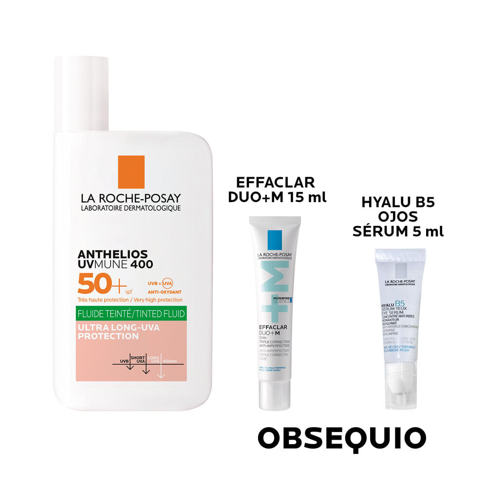 Kit Anthelios UVMune 400 Oil Control Fluido Con Color La Roche Posay - Gratis Mini Tube HB5 Eyes Serum + Effaclar Duo - Tratamiento 15 ml