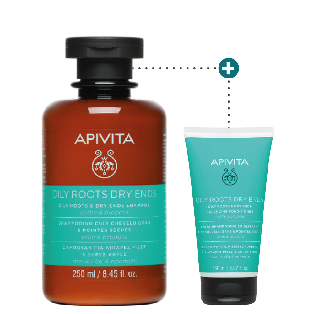 Kit Shampoo Oily Roots & Dry Ends Para Cabello Graso y Puntas Secas 250 ml + Acondicionador Oily Roots Dry End Balancing  150 ml- Apivita