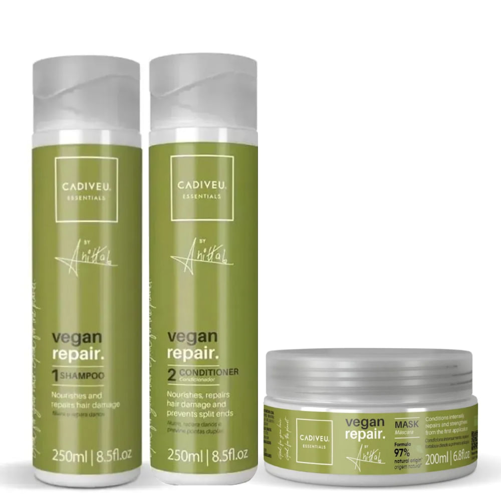 Kit Vegan Repair: Acondicionador 250 ml + Mascarilla 200 ml + Gratis Shampoo 250 ml - Cadiveu