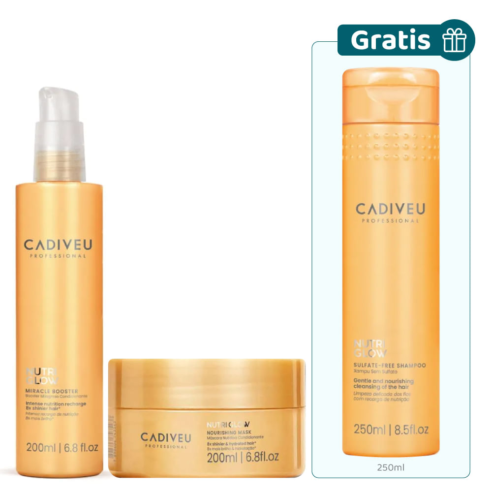 Kit Nutriglow: Mascarilla 200 ml + Booster 200 ml + Gratis Shampoo 250 ml - Cadiveu