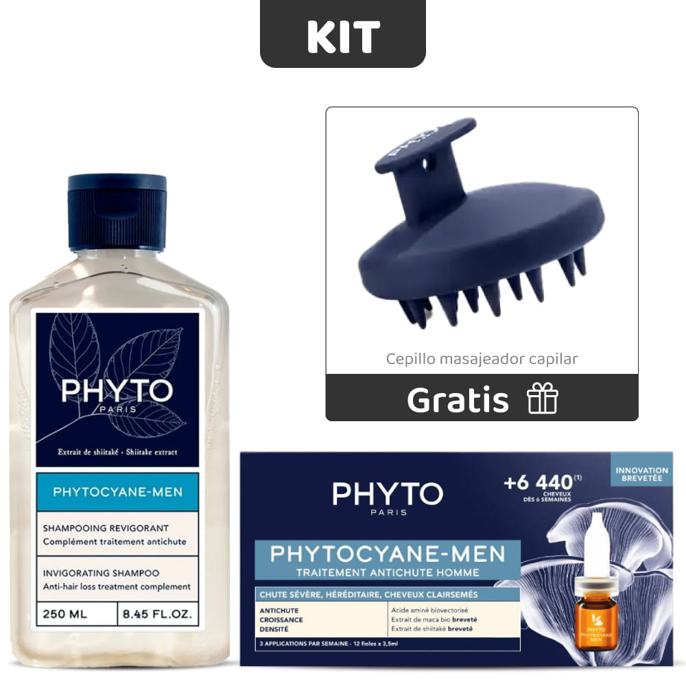 Kit Anticaída Hombre: Ampolletas + Shampoo Phytocyane + Cepillo Cuero Cabelludo - Phyto