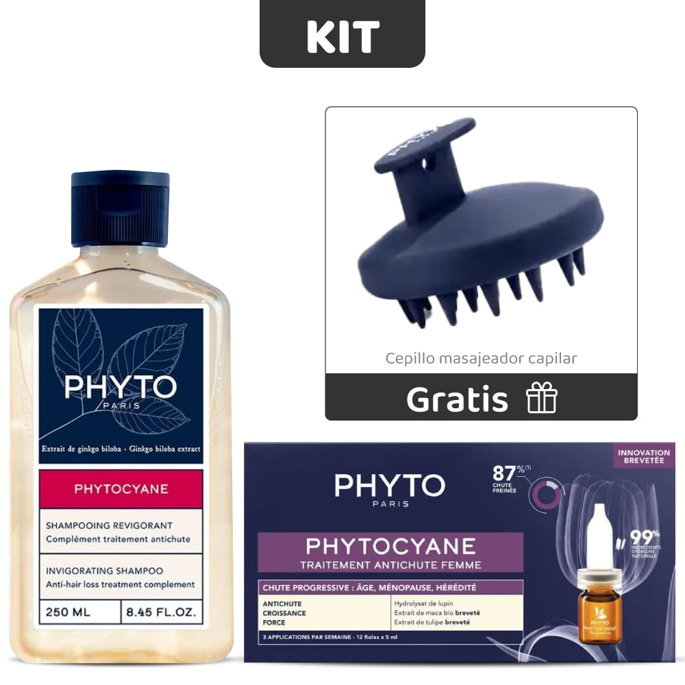 Kit Anticaída Progresiva Mujer: Ampolletas + Shampoo Phytocyane  + Cepillo cuero Cabelludo - Phyto