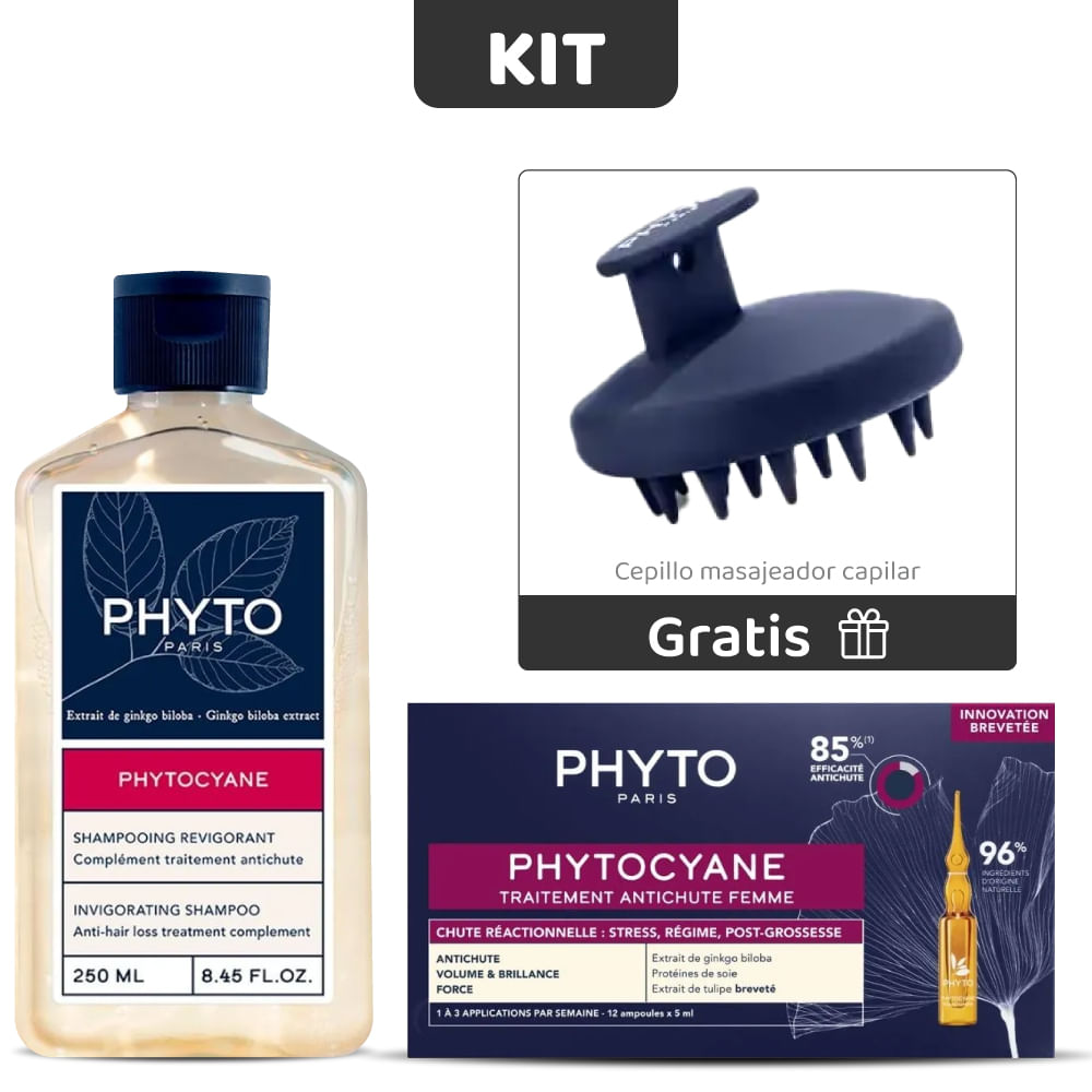 Kit Anticaída Reaccional  Mujer: Ampolletas + Shampoo Phytocyane  + Cepillo cuero Cabelludo - Phyto
