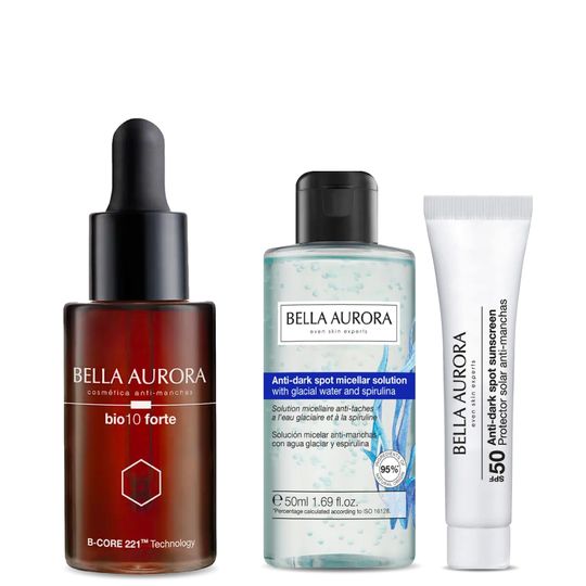 Kit Bio10 Forte Serum Antimanchas 30 ml + Mini Solución Micelar Antimanchas 50 ml + Mini Protector Solar Piel Mixta-Grasa 10 ml - Bella Aurora