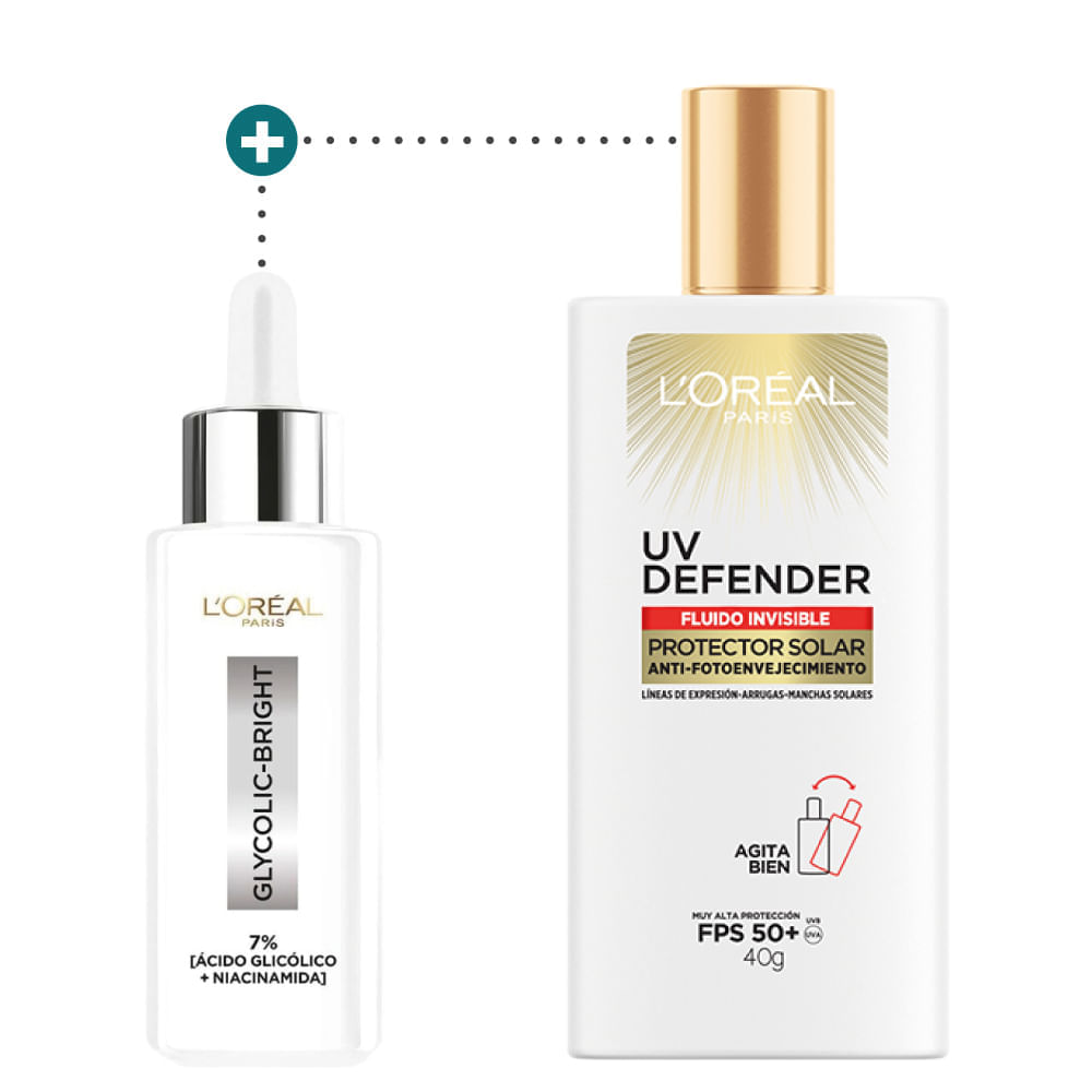 Kit LOreal Paris Serum Rostro Ácido Glicólico + Protector Solar UV Defender Fluid